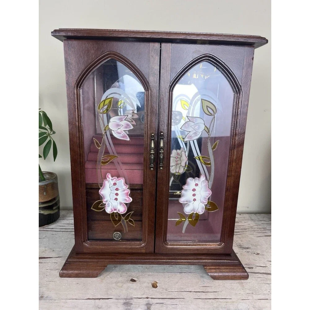 Vintage Wooden Jewelry Armoire Box Cabinet w/ Glass Floral Doors & Drawers